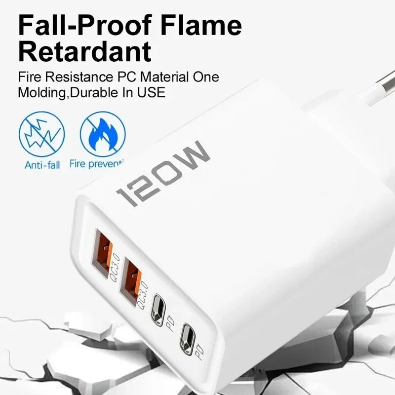 4 Port 120W USB C Fast Charger Station PD QC3.0 Wall Adapter Data Cable For iPhone Samsung Xiaomi Huawei EU US UK Plug Travel