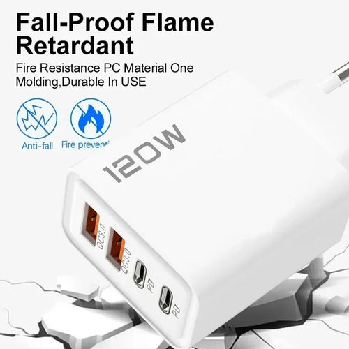 4 Port 120W USB C Fast Charger Station PD QC3.0 Wall Adapter Data Cable For iPhone Samsung Xiaomi Huawei EU US UK Plug Travel
