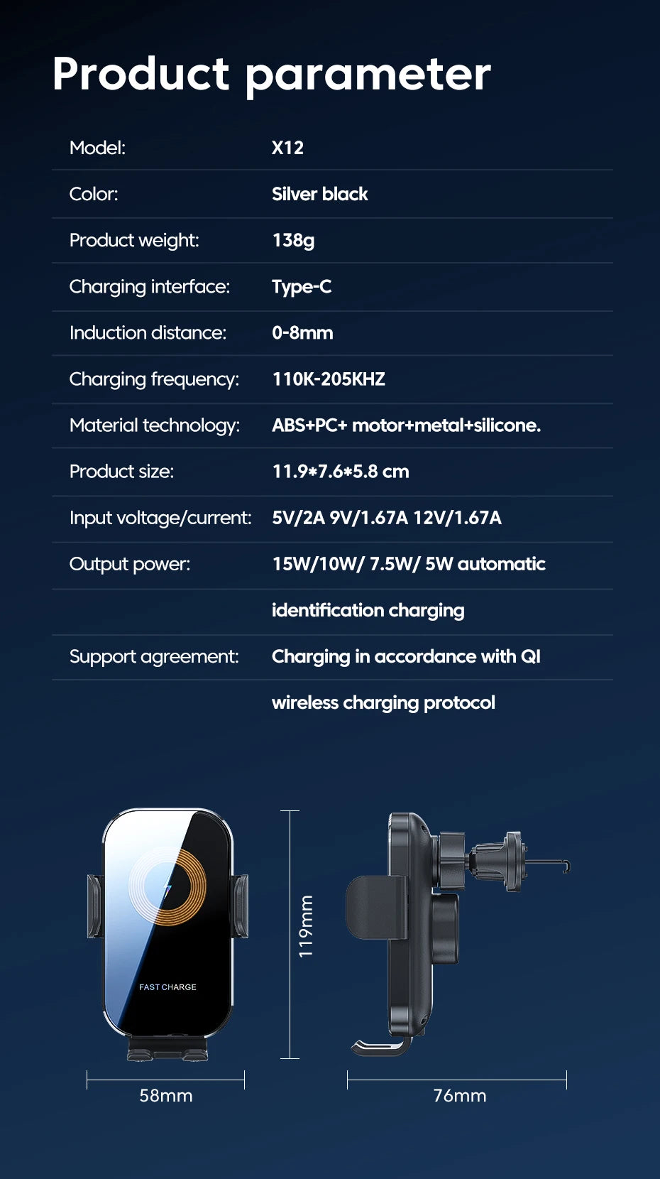 Universal Car Wireless Charger Auto Car Mount Phone Holder Stand 15W Fast Charging For iPhone Xiaomi Samsung Intelligent Sensing