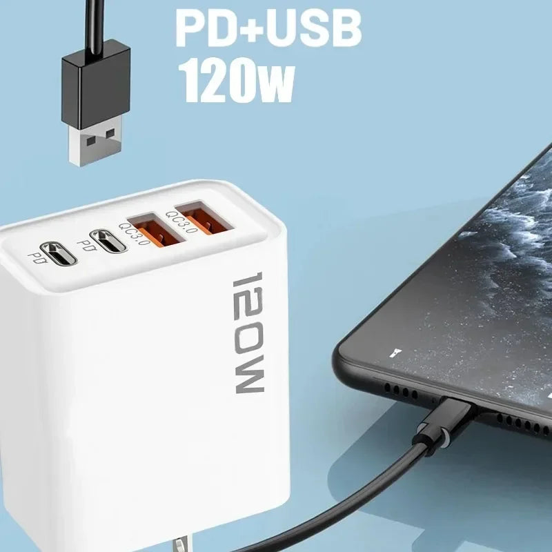 4 Port 120W USB C Fast Charger Station PD QC3.0 Wall Adapter Data Cable For iPhone Samsung Xiaomi Huawei EU US UK Plug Travel