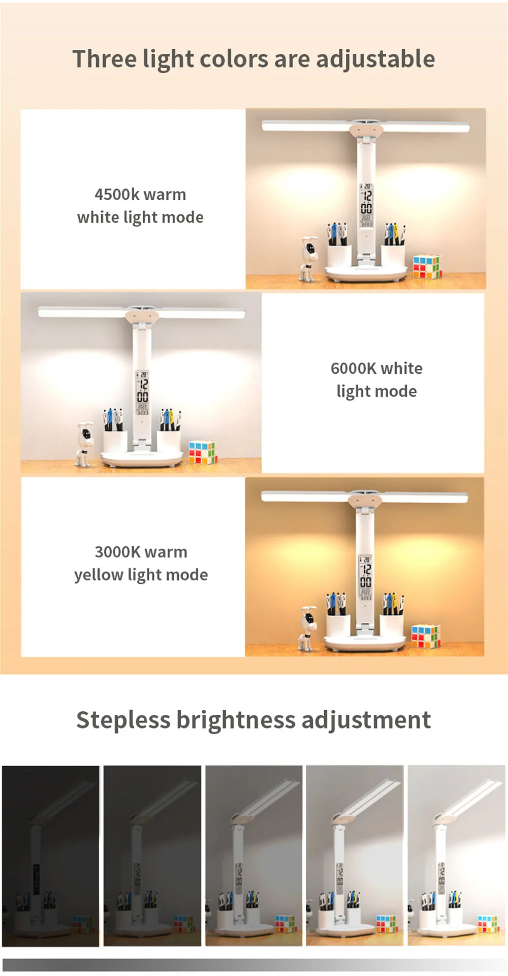 LED Desk Lamp USB Dimmable Touch Foldable Table Lamp with Calendar Temperature Clock Night Light for Study Reading Lamp