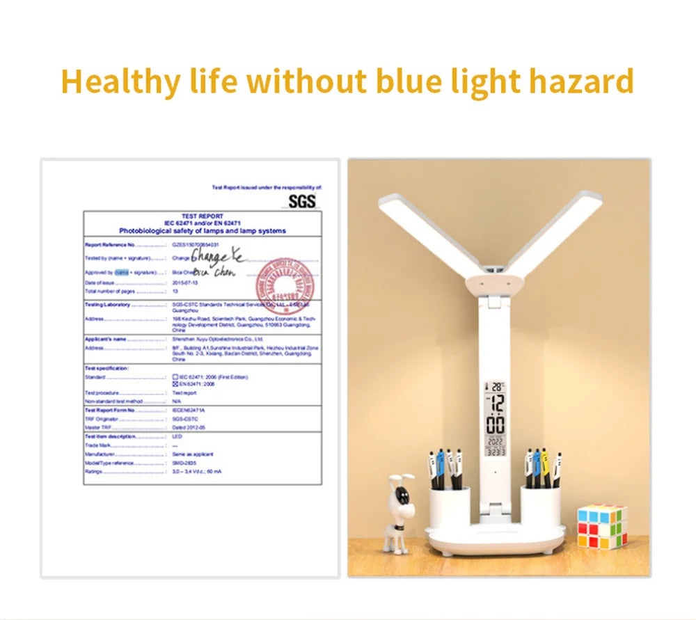 LED Desk Lamp USB Dimmable Touch Foldable Table Lamp with Calendar Temperature Clock Night Light for Study Reading Lamp