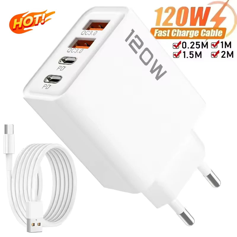 4 Port 120W USB C Fast Charger Station PD QC3.0 Wall Adapter Data Cable For iPhone Samsung Xiaomi Huawei EU US UK Plug Travel