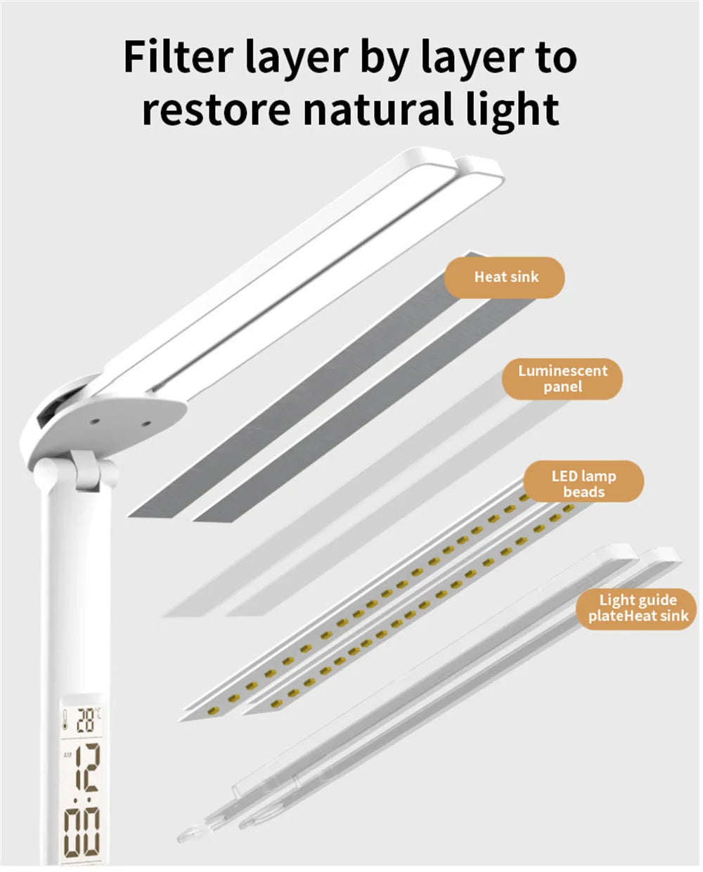 LED Desk Lamp USB Dimmable Touch Foldable Table Lamp with Calendar Temperature Clock Night Light for Study Reading Lamp