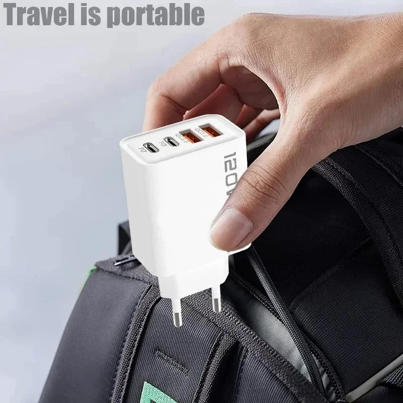4 Port 120W USB C Fast Charger Station PD QC3.0 Wall Adapter Data Cable For iPhone Samsung Xiaomi Huawei EU US UK Plug Travel