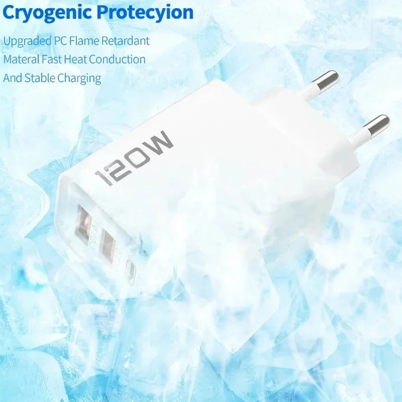 4 Port 120W USB C Fast Charger Station PD QC3.0 Wall Adapter Data Cable For iPhone Samsung Xiaomi Huawei EU US UK Plug Travel