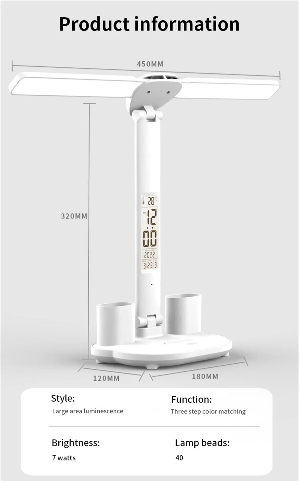 LED Desk Lamp USB Dimmable Touch Foldable Table Lamp with Calendar Temperature Clock Night Light for Study Reading Lamp