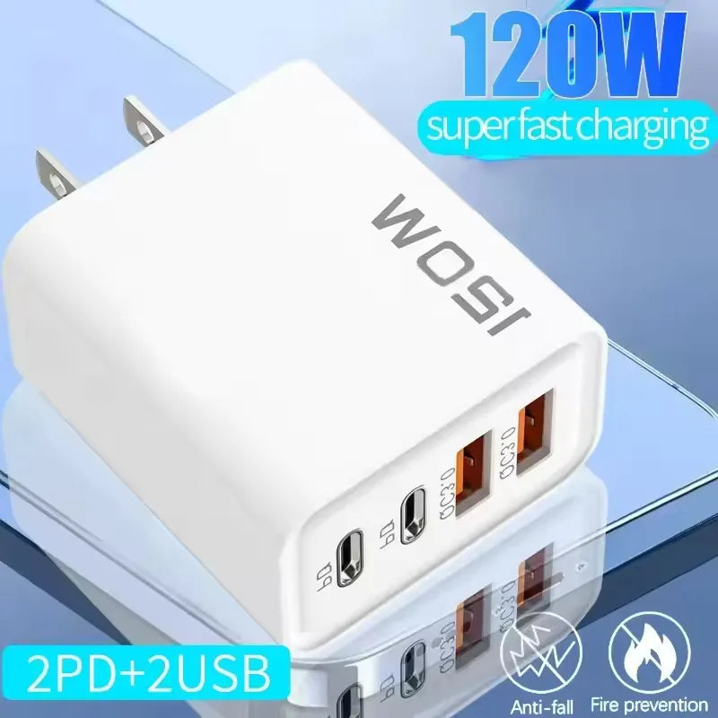 4 Port 120W USB C Fast Charger Station PD QC3.0 Wall Adapter Data Cable For iPhone Samsung Xiaomi Huawei EU US UK Plug Travel