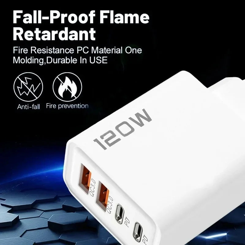 4 Port 120W USB C Fast Charger Station PD QC3.0 Wall Adapter Data Cable For iPhone Samsung Xiaomi Huawei EU US UK Plug Travel